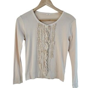 J Crew Light Beige Long Sleeve Ruffle Front Sequin Button Up Women Sz S Cardigan